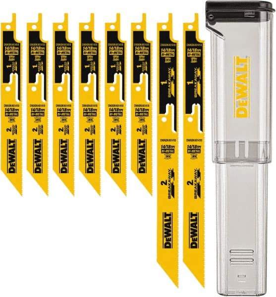 DeWALT - 8 Pieces, 6" to 9" Long x 0.04" Thickness, Bi-Metal Reciprocating Saw Blade Set - Straight Profile, 10-14 to 18 Teeth, Toothed Edge - Eagle Tool & Supply