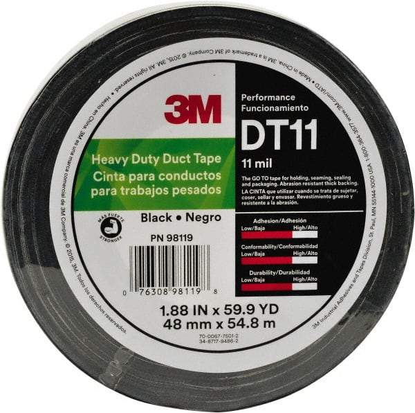 3M - 2" x 54.8m Silver Duct Tape - 11 mil, Rubber Adhesive, Polyethylene Film Backing, Series DT11 - Eagle Tool & Supply