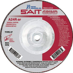 Sait - 24 Grit, 4-1/2" Wheel Diam, 1/4" Wheel Thickness, Type 27 Depressed Center Wheel - Aluminum Oxide, Resinoid Bond, R Hardness, 13,300 Max RPM, Compatible with Angle Grinder - Eagle Tool & Supply