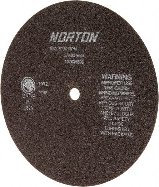 Norton - 8" 60 Grit Aluminum Oxide Cutoff Wheel - 1/16" Thick, 1/2" Arbor, 5,730 Max RPM, Use with Stationary Grinders - Eagle Tool & Supply