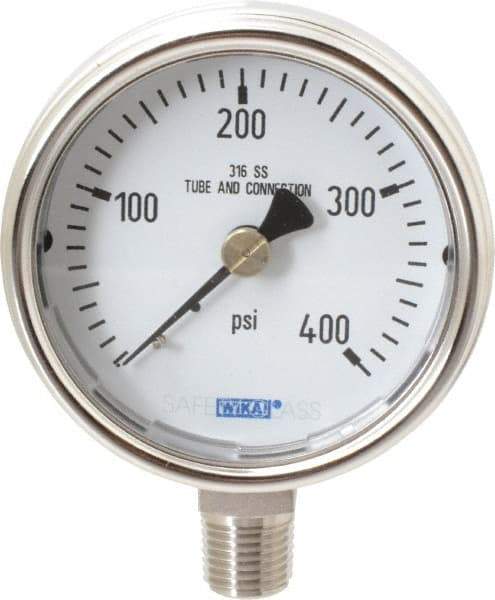 Wika - 2-1/2" Dial, 1/4 Thread, 0-400 Scale Range, Pressure Gauge - Lower Connection Mount, Accurate to 2-1-2% of Scale - Eagle Tool & Supply