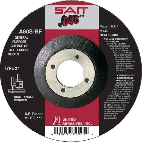 Sait - 60 Grit, 6" Wheel Diam, 7/8" Arbor Hole, Type 27 Depressed Center Wheel - Aluminum Oxide, Resinoid Bond, S Hardness, 10,200 Max RPM, Compatible with Angle Grinder - Eagle Tool & Supply