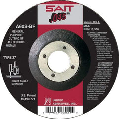 Sait - 60 Grit, 6" Wheel Diam, 7/8" Arbor Hole, Type 27 Depressed Center Wheel - Aluminum Oxide, Resinoid Bond, S Hardness, 10,200 Max RPM, Compatible with Angle Grinder - Eagle Tool & Supply