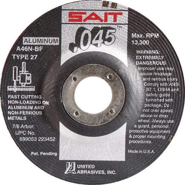 Sait - 46 Grit, 4-1/2" Wheel Diam, 7/8" Arbor Hole, Type 27 Depressed Center Wheel - Aluminum Oxide, Resinoid Bond, N Hardness, 13,300 Max RPM, Compatible with Angle Grinder - Eagle Tool & Supply