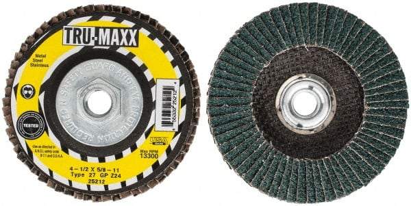 Tru-Maxx - 24 Grit, 4-1/2" Disc Diam, 5/8-11 Center Hole, Type 27 Zirconia Alumina Flap Disc - 13,300 Max RPM, Arbor Attaching System, Coated - Eagle Tool & Supply