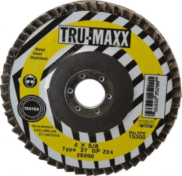 Tru-Maxx - 24 Grit, 4" Disc Diam, 5/8" Center Hole, Type 27 Zirconia Alumina Flap Disc - 15,300 Max RPM, Arbor Attaching System, Coated - Eagle Tool & Supply