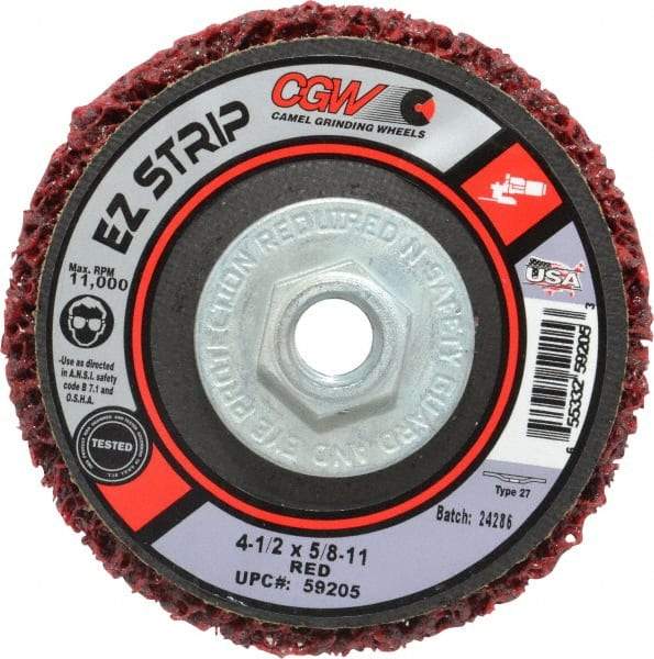Camel Grinding Wheels - 4-1/2" Very Coarse Grade Silicon Carbide Deburring Disc - 5/8-11 Threaded Center Hole, Arbor Connection, Red, 11,000 Max RPM - Eagle Tool & Supply