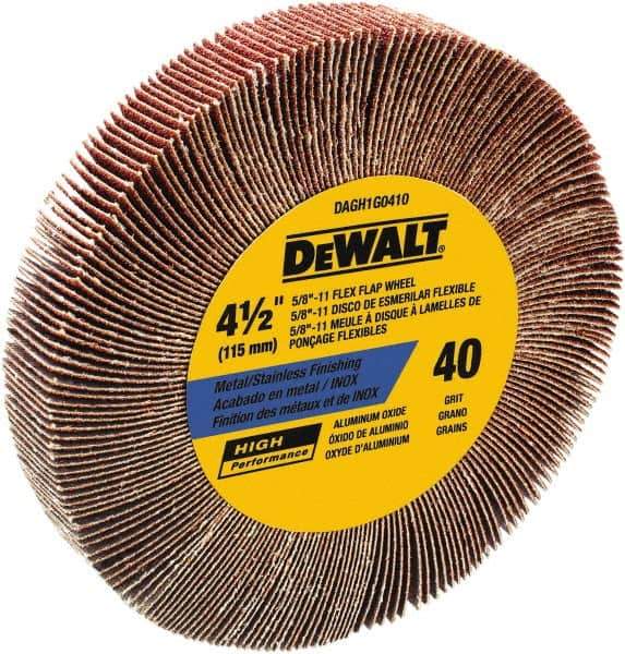 DeWALT - 4-1/2" Diam, 40 Grit Aluminum Oxide Unmounted Flap Wheel - 5/8-11 Thread, 1-1/8" Wide, Coated, Coarse Grade, 13,300 Max RPM - Eagle Tool & Supply