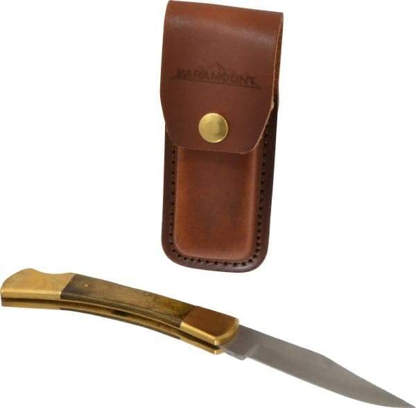 Paramount - 3-3/4" Blade, 8-1/2" OAL, Clip Point Folding Knife - 4-3/4" Closed Length, Wood, 1 Blade, Solid Brass Bolsters & Pins/Leather Sheath - Eagle Tool & Supply