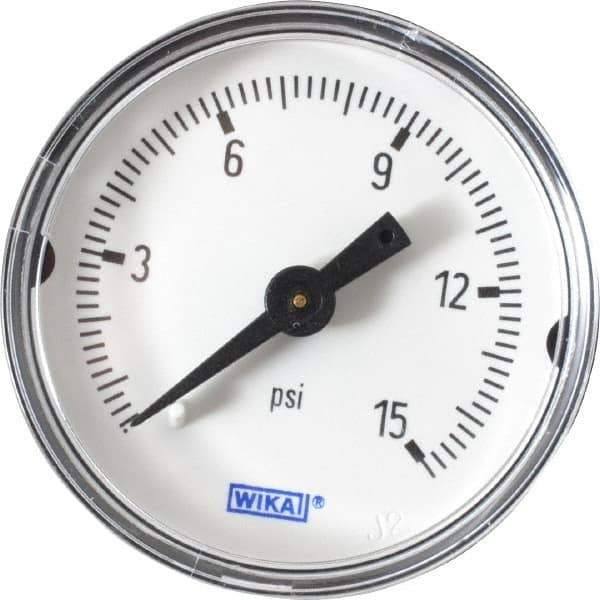 Wika - 1-1/2" Dial, 1/8 Thread, 0-15 Scale Range, Pressure Gauge - Center Back Connection Mount, Accurate to 3-2-3% of Scale - Eagle Tool & Supply