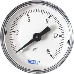 Wika - 1-1/2" Dial, 1/8 Thread, 0-15 Scale Range, Pressure Gauge - Center Back Connection Mount, Accurate to 3-2-3% of Scale - Eagle Tool & Supply