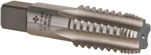 Cleveland - 1/2-14 NPTF, 4 Flutes, Bright Finish, High Speed Steel, Interrupted Thread Pipe Tap - 3-1/8 Inch Overall Length, 11/16 Inch Shank Diameter, 1-3/8 Inch Thread Length, 0.51 Inch Square Size, Regular Hook, Plug Chamfer - Eagle Tool & Supply