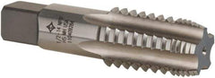 Cleveland - 1/2-14 NPTF, 4 Flutes, Bright Finish, High Speed Steel, Interrupted Thread Pipe Tap - 3-1/8 Inch Overall Length, 11/16 Inch Shank Diameter, 1-3/8 Inch Thread Length, 0.51 Inch Square Size, Regular Hook, Plug Chamfer - Eagle Tool & Supply