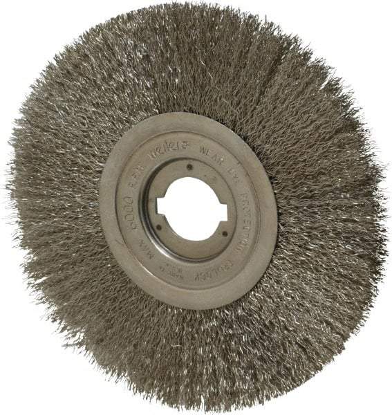 Weiler - 8" OD, 1-1/4" Arbor Hole, Crimped Stainless Steel Wheel Brush - 3/4" Face Width, 2-1/16" Trim Length, 0.0118" Filament Diam, 6,000 RPM - Eagle Tool & Supply