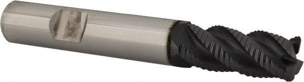 SGS - 12mm Diam, Coarse Pitch, 26mm LOC, 4 Flute Solid Carbide 1.52mm Corner Radius Roughing End Mill - AlTiN Finish, 83mm OAL, 12mm Shank Diam, Single End, Centercutting, 40° Helix - Eagle Tool & Supply
