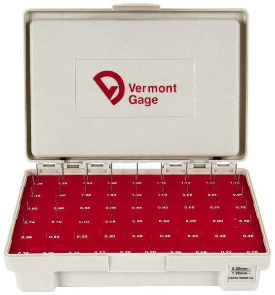 Vermont Gage - 55 Piece, 0.2-1.28 mm Diameter Plug and Pin Gage Set - Minus 0.01 mm Tolerance, Class ZZ - Eagle Tool & Supply
