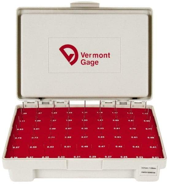 Vermont Gage - 55 Piece, 0.21-1.29 mm Diameter Plug and Pin Gage Set - Minus 0.01 mm Tolerance, Class ZZ - Eagle Tool & Supply