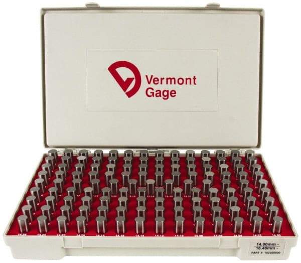 Vermont Gage - 125 Piece, 14-16.48 mm Diameter Plug and Pin Gage Set - Minus 0.01 mm Tolerance, Class ZZ - Eagle Tool & Supply