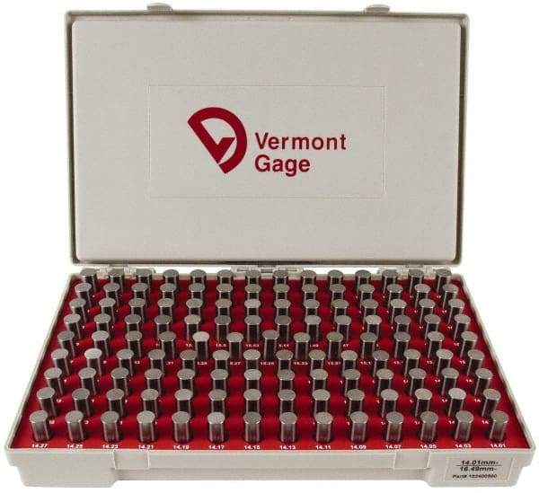 Vermont Gage - 125 Piece, 14.01-16.49 mm Diameter Plug and Pin Gage Set - Minus 0.01 mm Tolerance, Class ZZ - Eagle Tool & Supply