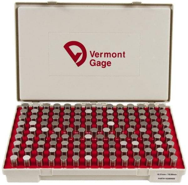 Vermont Gage - 125 Piece, 16.51-18.99 mm Diameter Plug and Pin Gage Set - Minus 0.01 mm Tolerance, Class ZZ - Eagle Tool & Supply