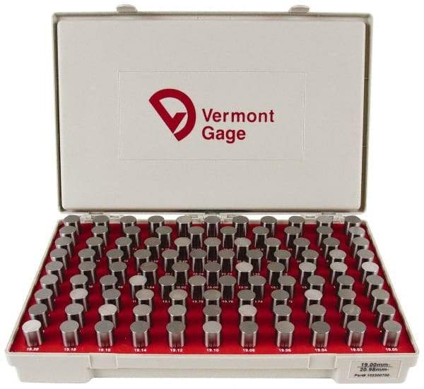 Vermont Gage - 100 Piece, 19-20.98 mm Diameter Plug and Pin Gage Set - Minus 0.01 mm Tolerance, Class ZZ - Eagle Tool & Supply