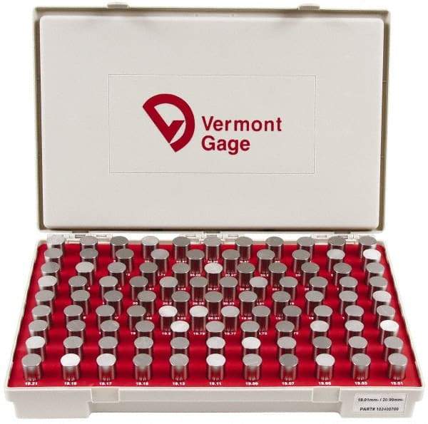 Vermont Gage - 100 Piece, 19.01-20.99 mm Diameter Plug and Pin Gage Set - Minus 0.01 mm Tolerance, Class ZZ - Eagle Tool & Supply