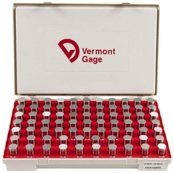 Vermont Gage - 75 Piece, 21-22.48 mm Diameter Plug and Pin Gage Set - Minus 0.01 mm Tolerance, Class ZZ - Eagle Tool & Supply
