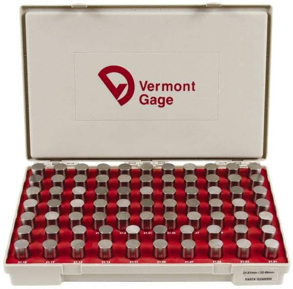Vermont Gage - 75 Piece, 21.01-22.49 mm Diameter Plug and Pin Gage Set - Minus 0.01 mm Tolerance, Class ZZ - Eagle Tool & Supply