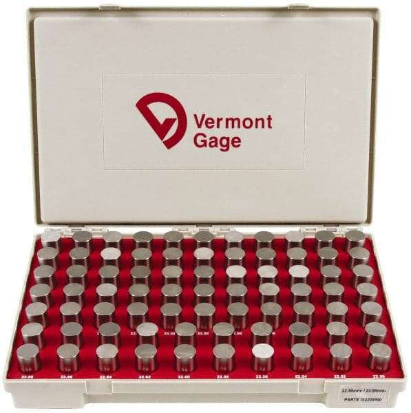 Vermont Gage - 75 Piece, 22.5-23.98 mm Diameter Plug and Pin Gage Set - Minus 0.01 mm Tolerance, Class ZZ - Eagle Tool & Supply