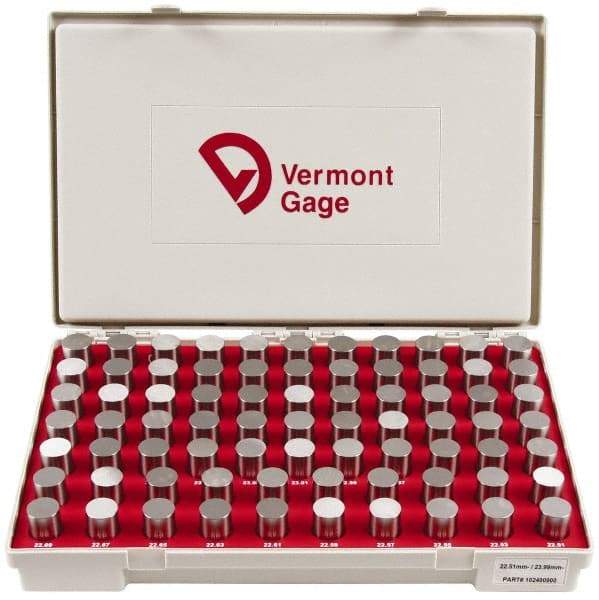 Vermont Gage - 75 Piece, 22.51-23.99 mm Diameter Plug and Pin Gage Set - Minus 0.01 mm Tolerance, Class ZZ - Eagle Tool & Supply