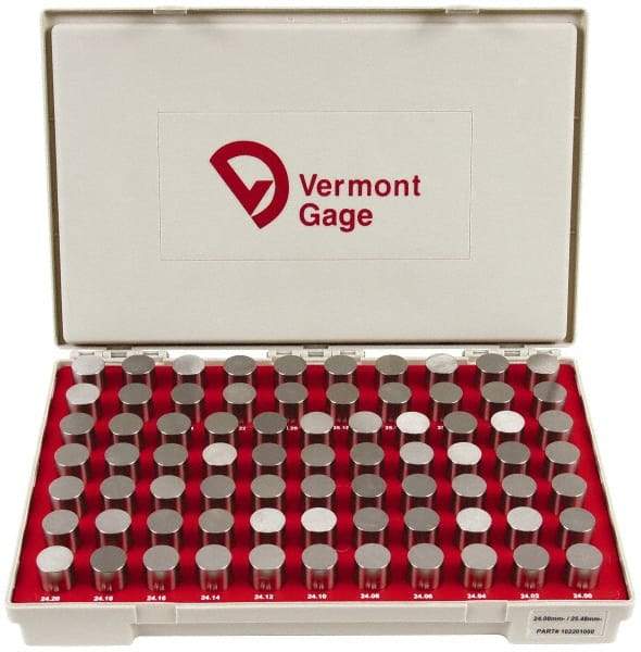 Vermont Gage - 75 Piece, 24-25.48 mm Diameter Plug and Pin Gage Set - Minus 0.01 mm Tolerance, Class ZZ - Eagle Tool & Supply