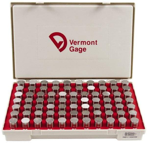 Vermont Gage - 75 Piece, 24.01-25.49 mm Diameter Plug and Pin Gage Set - Minus 0.01 mm Tolerance, Class ZZ - Eagle Tool & Supply