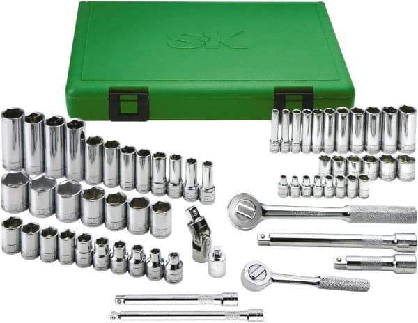 SK - 62 Piece 1/4 & 3/8" Drive Standard Deep Socket Set - 6 Points, 5.5 to 13mm, Metric Measurement Standard - Eagle Tool & Supply
