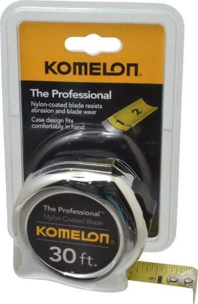 Komelon - 30' x 1" Yellow Blade Tape Measure - 1/16" Graduation, Inch Graduation Style, Silver Case - Eagle Tool & Supply