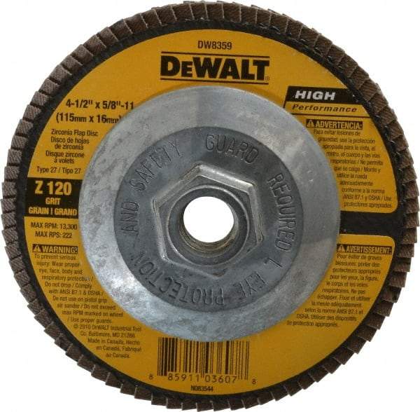 DeWALT - 120 Grit, 4-1/2" Disc Diam, 5/8-11 Center Hole, Type 27 Zirconia Alumina Flap Disc - 13,300 Max RPM, Fiberglass Backing, Arbor Attaching System, Coated - Eagle Tool & Supply