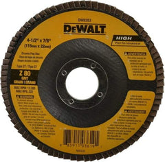 DeWALT - 80 Grit, 4-1/2" Disc Diam, 7/8" Center Hole, Type 27 Zirconia Alumina Flap Disc - 13,300 Max RPM, Fiberglass Backing, Arbor Attaching System, Coated - Eagle Tool & Supply