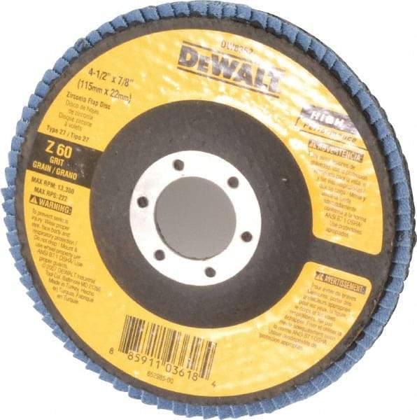 DeWALT - 60 Grit, 4-1/2" Disc Diam, 7/8" Center Hole, Type 27 Zirconia Alumina Flap Disc - 13,300 Max RPM, Fiberglass Backing, Arbor Attaching System, Coated - Eagle Tool & Supply