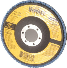 DeWALT - 60 Grit, 4-1/2" Disc Diam, 7/8" Center Hole, Type 27 Zirconia Alumina Flap Disc - 13,300 Max RPM, Fiberglass Backing, Arbor Attaching System, Coated - Eagle Tool & Supply