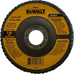 DeWALT - 40 Grit, 4-1/2" Disc Diam, 7/8" Center Hole, Type 27 Zirconia Alumina Flap Disc - 13,300 Max RPM, Fiberglass Backing, Arbor Attaching System, Coated - Eagle Tool & Supply