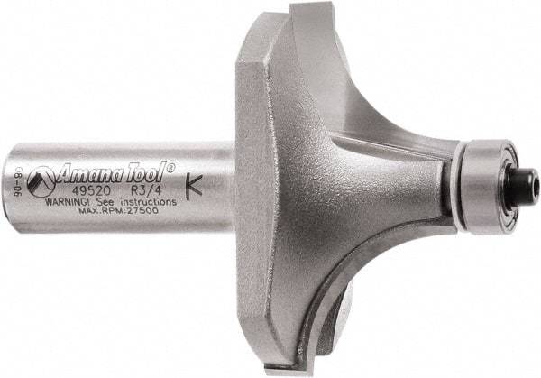 Amana Tool - 2" Cut Diam, 1" Length of Cut, 2 Flute Round-Over Edge Profile Router Bit - Carbide-Tipped, 1/2" Shank Diam, 2-7/8" OAL, Uncoated - Eagle Tool & Supply