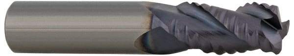 ProMax - 9/16" Diam, Coarse Pitch, 1-1/4" LOC, 4 Flute Solid Carbide 0.055-0.065" Corner Radius Roughing End Mill - TiCN Finish, 3-1/2" OAL, 9/16" Shank Diam, Single End, Centercutting, 30° Helix - Eagle Tool & Supply
