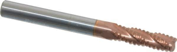 ProMax - 1/4" Diam, Coarse Pitch, 3/4" LOC, 4 Flute Solid Carbide 0.04-0.05" Corner Radius Roughing End Mill - TiCN Finish, 2-1/2" OAL, 1/4" Shank Diam, Single End, Centercutting, 30° Helix - Eagle Tool & Supply