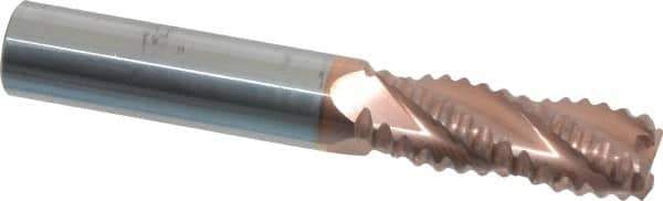ProMax - 3/8" Diam, Coarse Pitch, 7/8" LOC, 4 Flute Solid Carbide 0.055-0.065" Corner Radius Roughing End Mill - TiCN Finish, 2-1/2" OAL, 3/8" Shank Diam, Single End, Centercutting, 30° Helix - Eagle Tool & Supply