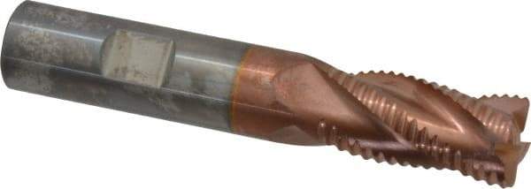 ProMax - 5/8" Diam, Coarse Pitch, 1-1/4" LOC, 4 Flute Solid Carbide 0.055-0.065" Corner Radius Roughing End Mill - TiCN Finish, 3-1/2" OAL, 5/8" Shank Diam, Single End, Centercutting, 30° Helix - Eagle Tool & Supply