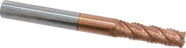 ProMax - 1/4" Diam, Fine Pitch, 3/4" LOC, 4 Flute Solid Carbide 0.04-0.05" Corner Radius Roughing End Mill - TiCN Finish, 2-1/2" OAL, 1/4" Shank Diam, Single End, Centercutting, 40° Helix - Eagle Tool & Supply
