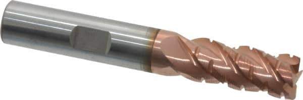 ProMax - 3/8" Diam, 7/8" LOC, 4 Flute Solid Carbide Roughing & Finishing Corner Radius End Mill - TiCN Finish, 2-1/2" OAL, 3/8" Shank Diam, Weldon Shank, 40° Helix, Centercutting, Regular Length - Eagle Tool & Supply