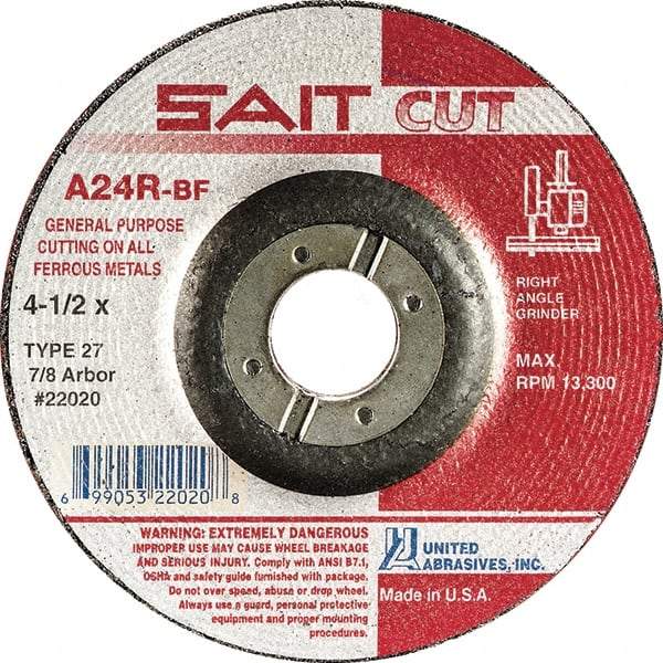 Sait - 24 Grit, 4" Wheel Diam, 1/8" Wheel Thickness, 3/8" Arbor Hole, Type 27 Depressed Center Wheel - Aluminum Oxide, Resinoid Bond, R Hardness, 13,500 Max RPM, Compatible with Angle Grinder - Eagle Tool & Supply
