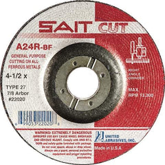 Sait - 24 Grit, 4" Wheel Diam, 1/8" Wheel Thickness, 3/8" Arbor Hole, Type 27 Depressed Center Wheel - Aluminum Oxide, Resinoid Bond, R Hardness, 13,500 Max RPM, Compatible with Angle Grinder - Eagle Tool & Supply