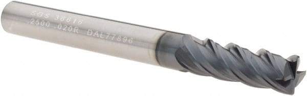 SGS - 1/4", 4 Flute, Single End, Solid Carbide, 0.0150 - 0.0200" Corner Radius End Mill - 2-1/2" OAL, Right Hand Flute, 3/4" LOC, Right Hand Cut - Eagle Tool & Supply