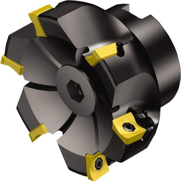 Sandvik Coromant - 6 Inserts, 100mm Cut Diam, 31.75mm Arbor Diam, 11mm Max Depth of Cut, Indexable Square-Shoulder Face Mill - 90° Lead Angle, 63mm High, R590-1105.. Insert Compatibility, Through Coolant, Series CoroMill Century - Eagle Tool & Supply